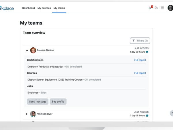 A new custom page, My Teams, allows managers to view employees’ progress with their learning paths and generate reports to obtain insights into learning program effectiveness. Image