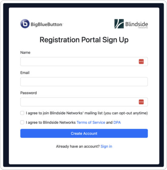 BigBlueButton registration portal sign up screenshot Image