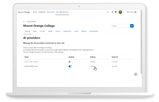 Manage AI providers seamlessly with Moodle's AI subsystem, designed for flexibility, security, and scalability. Image source: Moodle Image