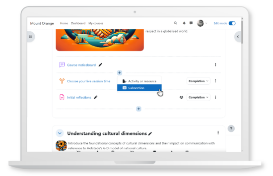 Easily add subsections to better organise and streamline course content in Moodle LMS. Image source: Moodle Image