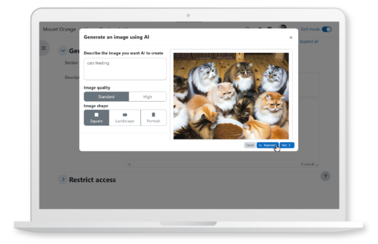 Effortlessly generate images with AI, enhancing content creation and accessibility in Moodle LMS. Image source: Moodle Image