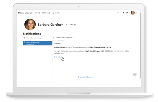 Keep learners on track with automatic reminders for overdue assignments in Moodle LMS. Image source: Moodle Image