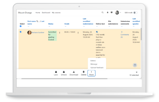 Manage student submissions effortlessly with the new sticky footer, which provides quick access to bulk actions in Moodle LMS. Image source: Moodle Image