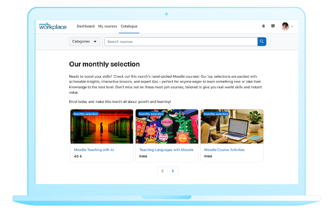 Highlighting courses and using a new Featured Courses section allows you to direct learners to the courses you most want them to find. Image source: Moodle Image