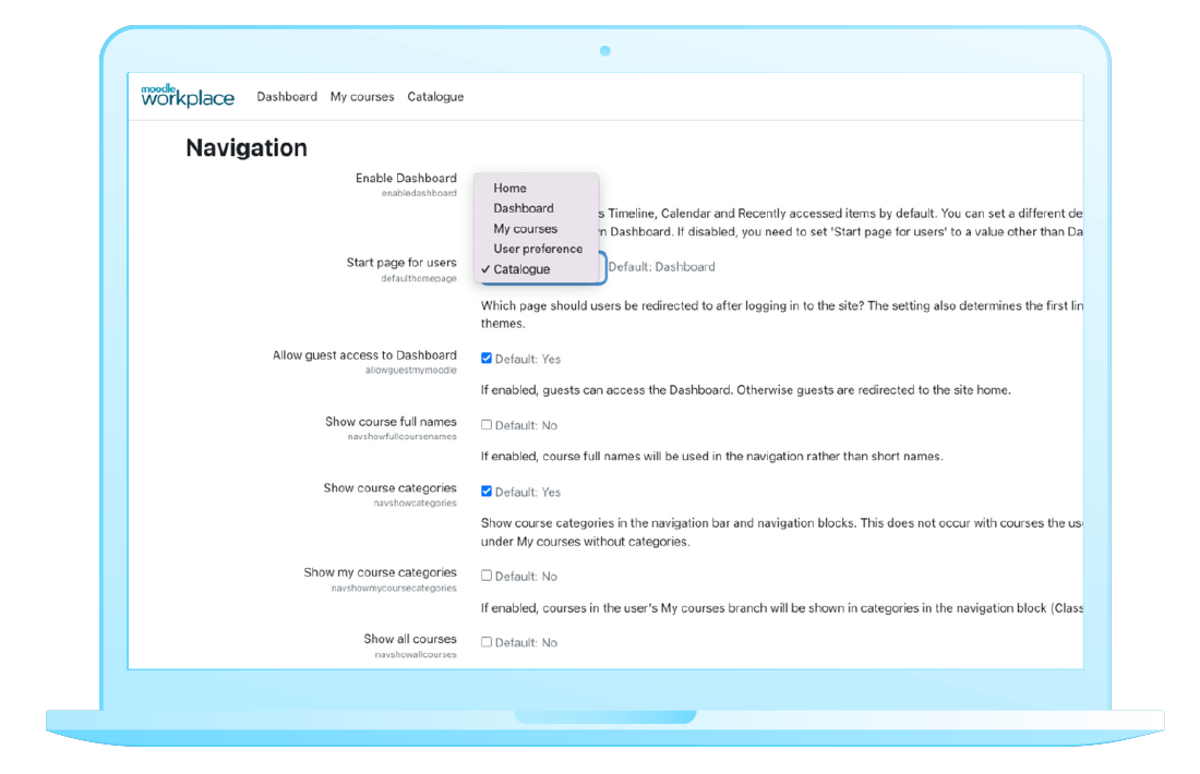 You can now choose the Catalogue as the start page for your Moodle Workplace site. Image source: Moodle Image