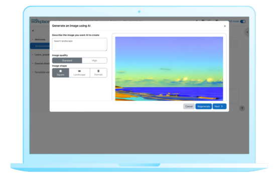 New AI content generation tools allow you to create AI-generated text and images directly within the Moodle Workplace content editor. Image source: Moodle Image