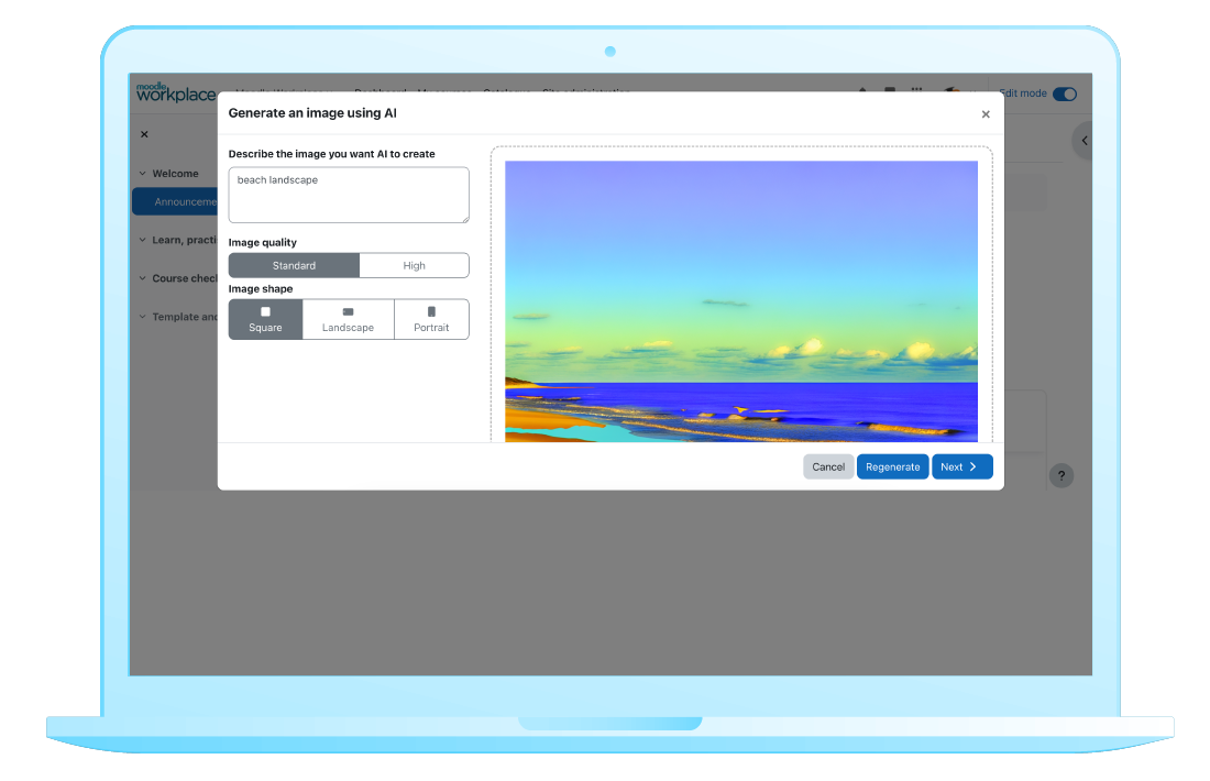 New AI content generation tools allow you to create AI-generated text and images directly within the Moodle Workplace content editor. Image source: Moodle Image