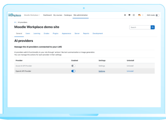 The new AI subsystem allows you to integrate with the AI providers you choose. Image source: Moodle Image