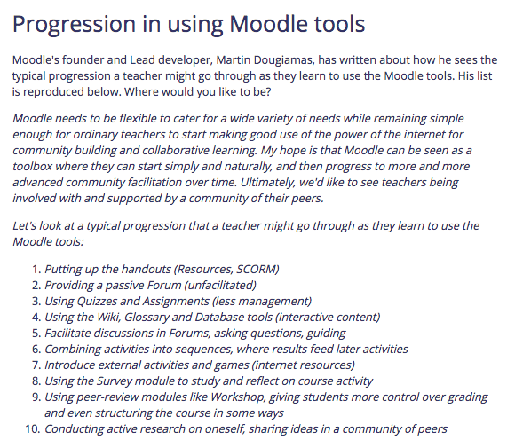 progression in using Moodle tools
