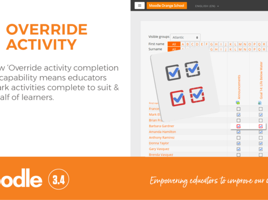 A new capability in Moodle 3.4 means educators can mark activities complete for learners! Image