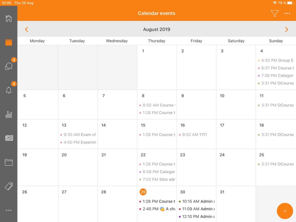 Vista mensual del calendario en la aplicación Moodle 3.7.1