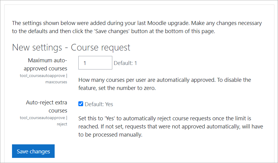 Settings for course request auto-approval, including maximum number of courses per user and an auto-reject option