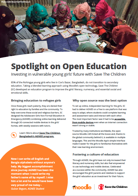 Faltblatt: Open Education im Rampenlicht. Mit Save The Children in die Zukunft gefährdeter junger Mädchen investieren