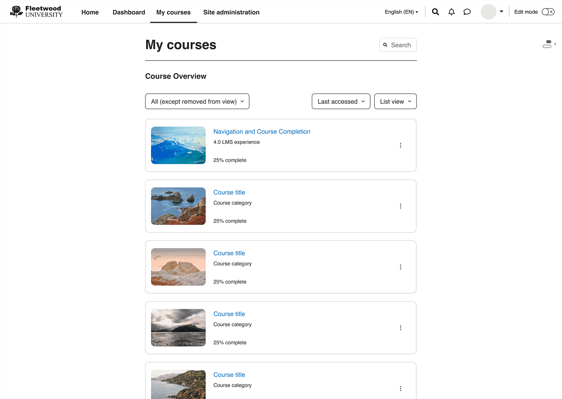 La nueva página 'Mis cursos' en Moodle muestra todos los cursos en un solo lugar.
