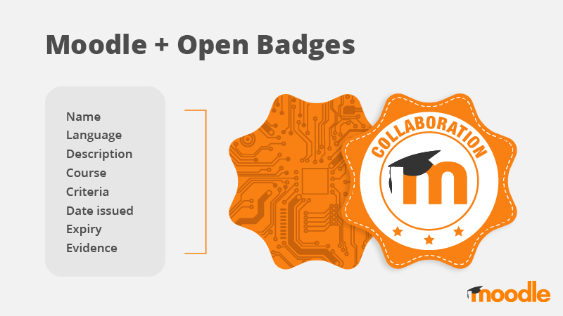 Open Badges issued with Moodle include the following information about the badge: Name, language, description, course, criteria, date issued, expiry and evidence