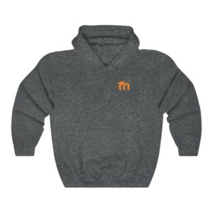 A dark marle gray hoodie sweater with the Moodle logo 'm' printed in orange