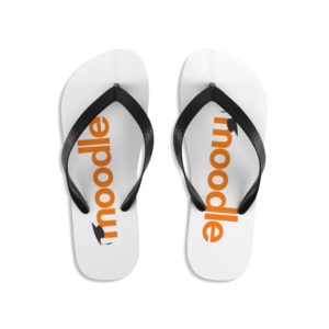Ein Paar Flip-Flops mit dem orangefarbenen Moodle-Logo aufgedruckt