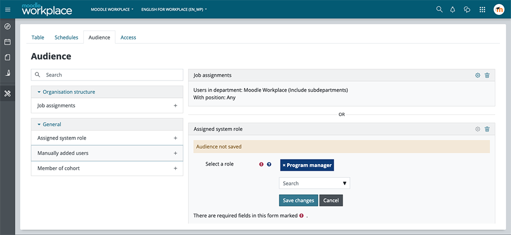 Moodle Workplace's Audience builder. This allows you to define who has access to your Reports, based on Job assignments and System roles.