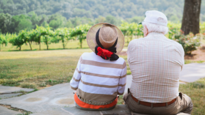 An old couple, with their backs facing the camera, sit together and watch the landscape