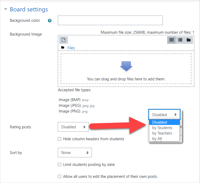 Board activity Settings. A written description of the settings comes after the image.
