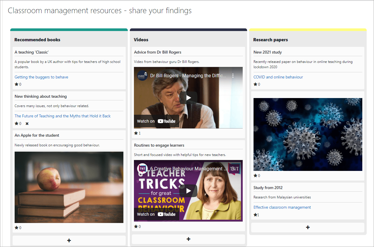 A virtual board with three columns (Recommended books; Videos and Research papers). Each column contains a series of virtual post-its, some with text only, others with text and images or text and video. 