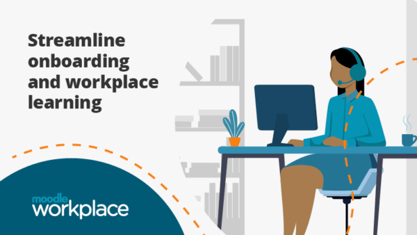 Cartoon woman sits at desk, talking on headset. Title says 'streamline onboarding and workplace learning'