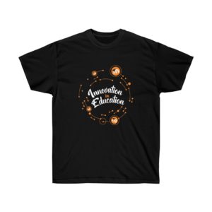 A black t-shirt with white and orange cursive text that reads 'Innovation in Education', surrounded by small Moodle logo icons and orange splotch graphics