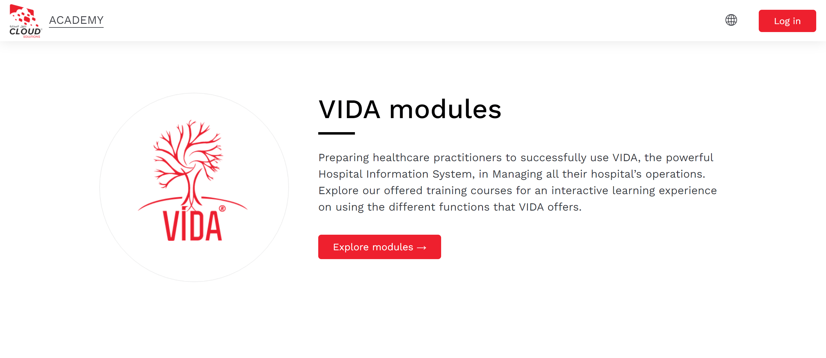 The introduction screen to Cloud Solutions Academy's VIDA Modules, which explains what the modules are about and has a call to action button that says Explore Modules