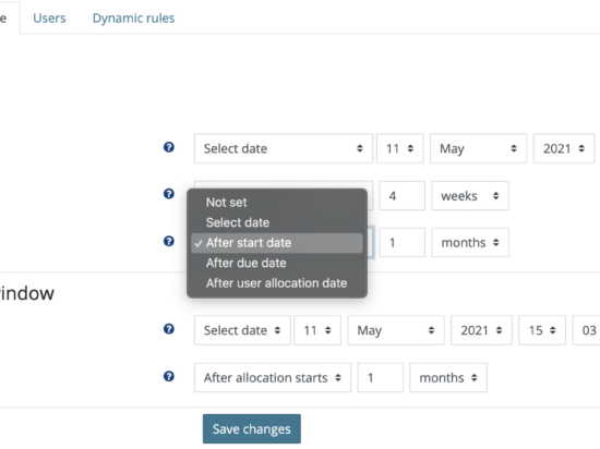 The interface to schedule a learning program. First the user needs to select the program's availability (start date, due date, end date) which can be absolute dates or relatives (eg End Date relative to start date). Below, the user can choose the Allocation window. Image