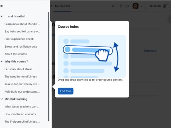 Caption: A user tour explains the new drag and drop functionality to rearrange course content Image
