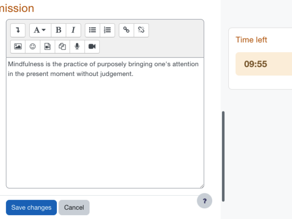 An assignment interface on Moodle 4.0 where the student has to write an answer. On the right hand side of the text box, there's a timer that shows Time Left: 09:55. Image