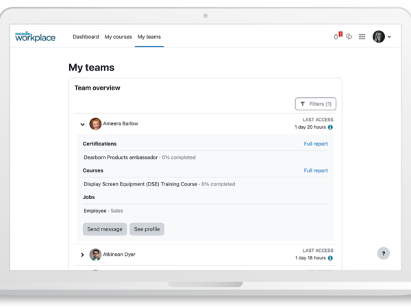 A new custom page, My Teams, allows managers to view employees' progress with their learning paths and generate reports to obtain insights into learning program effectiveness. Image