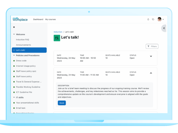 Moodle Workplace 4.2  includes an expandable UI for learners to quickly and conveniently navigate and book sessions. Image