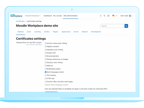 Managers or trainers can define allowed content filters for certificates, ensuring a personalised certificate is awarded. Image