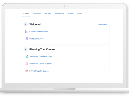 Un cours Moodle affiché dans un format de cours à sections personnalisées Image