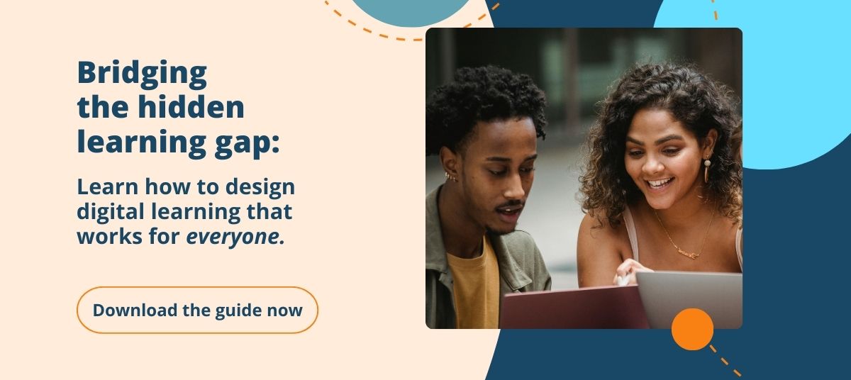 Two learners collaborating on a laptop beside the headline “Bridging the hidden learning gap: Learn how to design digital learning that works for everyone” and a button to download the guide. Image