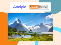 Accipio logo. Moodle Premium Certified Partner logo. A photograph of the mountains of New Zealand reflected in a lake, with grass in the foreground.