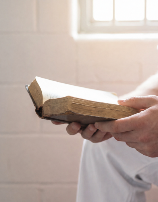 A man in white prison-issue clothing sitting in a cell reading a book. There is sunlight coming through the cell window.