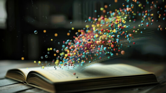 Um livro aberto com centenas de pequenas partículas de cores vivas saindo dele. Imagem