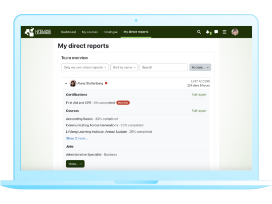 Imagen del avance de los subordinados directos de Moodle Workplace