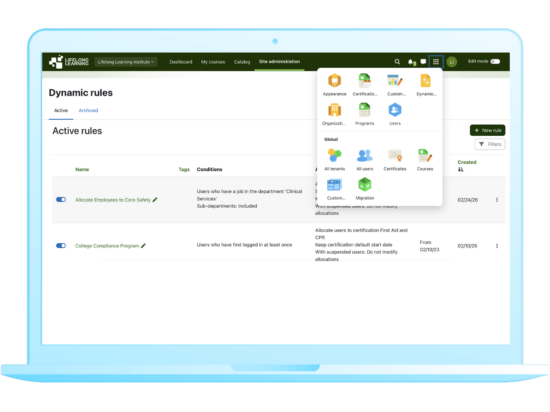 Imagen de la interfaz de reglas dinámicas Moodle Workplace
